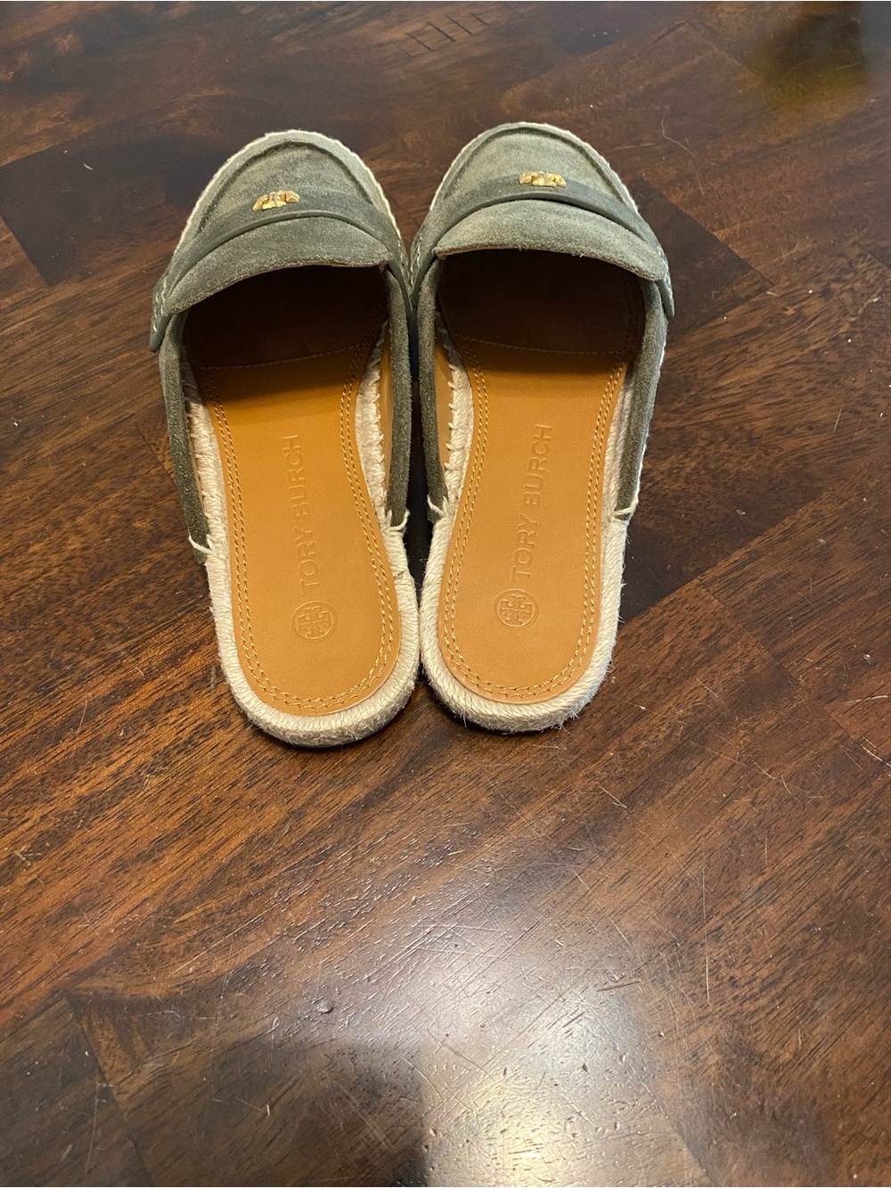 Tory Burch Olive Suede Espadrille Mule with Gold Logo - Picture 2 of 4